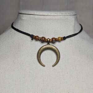 Crescent Moon Bronze Charm Brown Ceramic Wooden Beaded Boho Y2K Choker Necklace